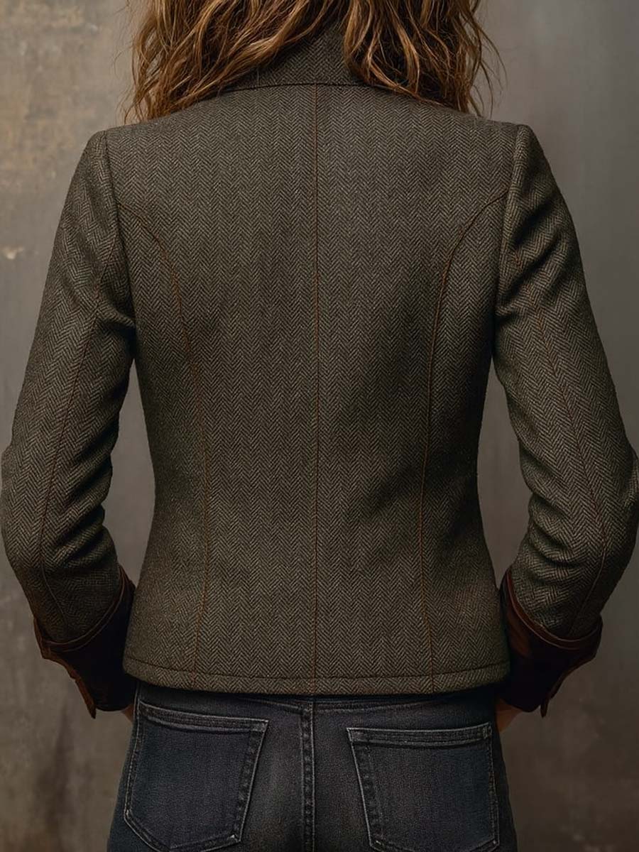 Maribel | Vintage Herringbone Contrast Trim Blazer