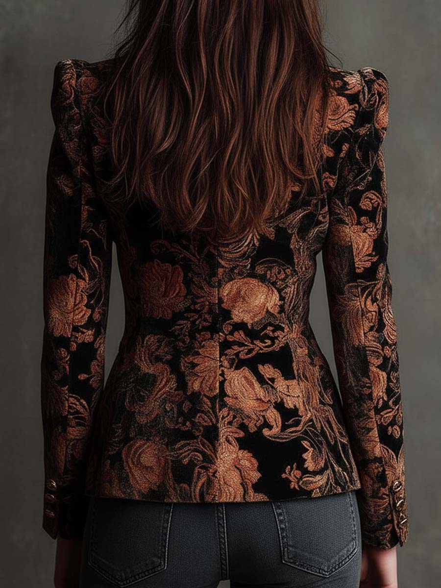 Bronwen | Black and Bronze Floral Print Tailored Blazer