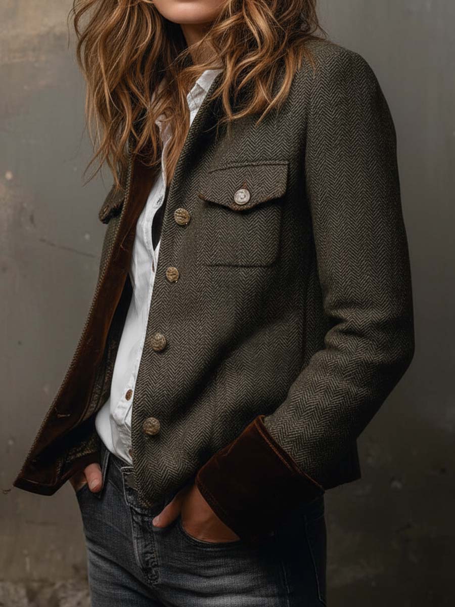 Maribel | Vintage Herringbone Contrast Trim Blazer