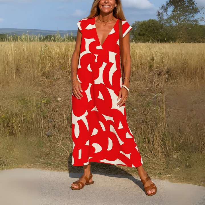 Tirzah - Flowing V-Neck Geometric Print Dress