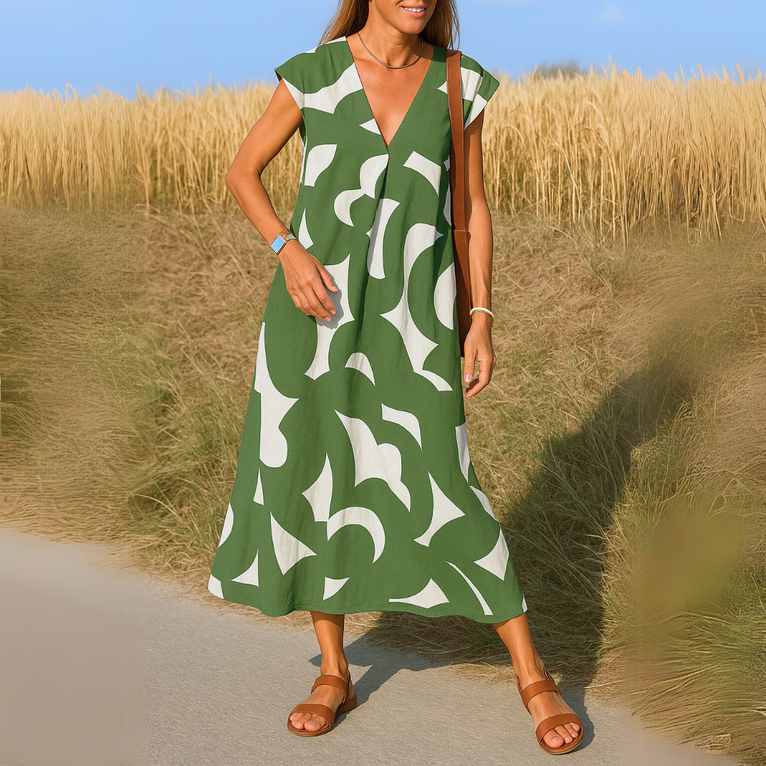 Tirzah - Flowing V-Neck Geometric Print Dress
