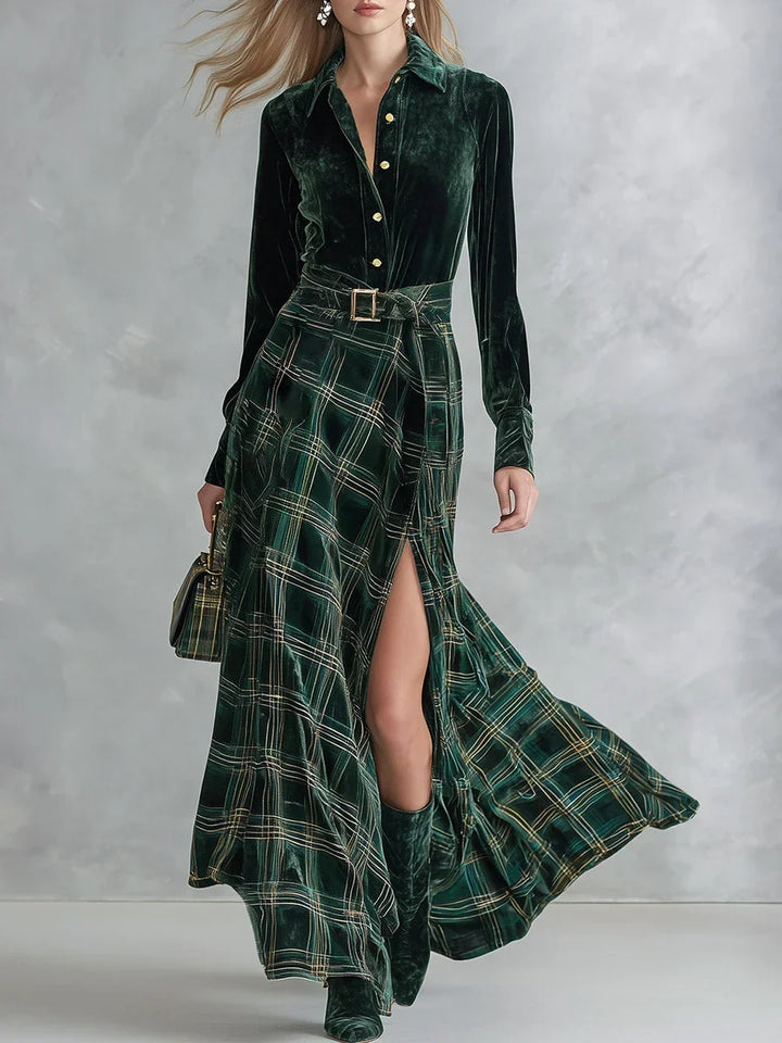 Isa | Velvet Plaid Maxi Dress Set with Vintage Character for Women