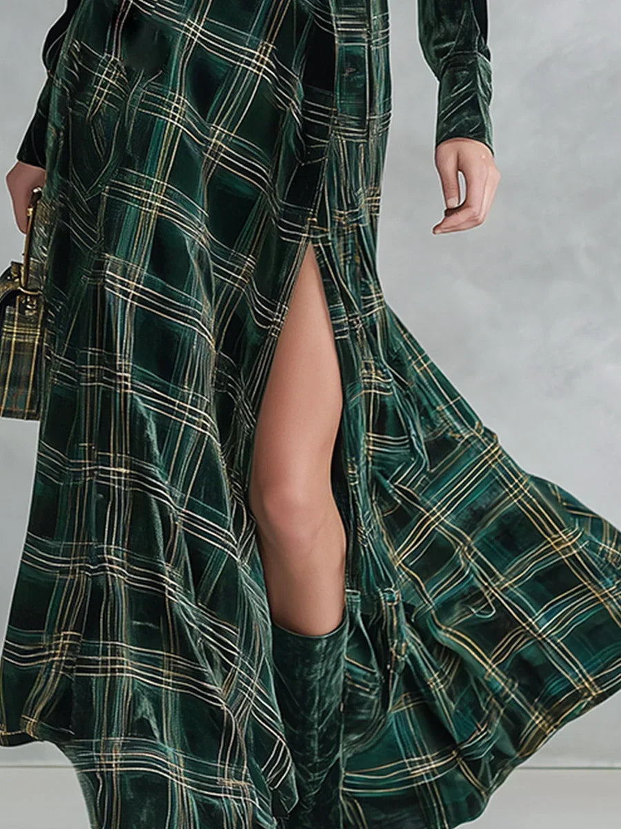 Isa | Velvet Plaid Maxi Dress Set with Vintage Character for Women
