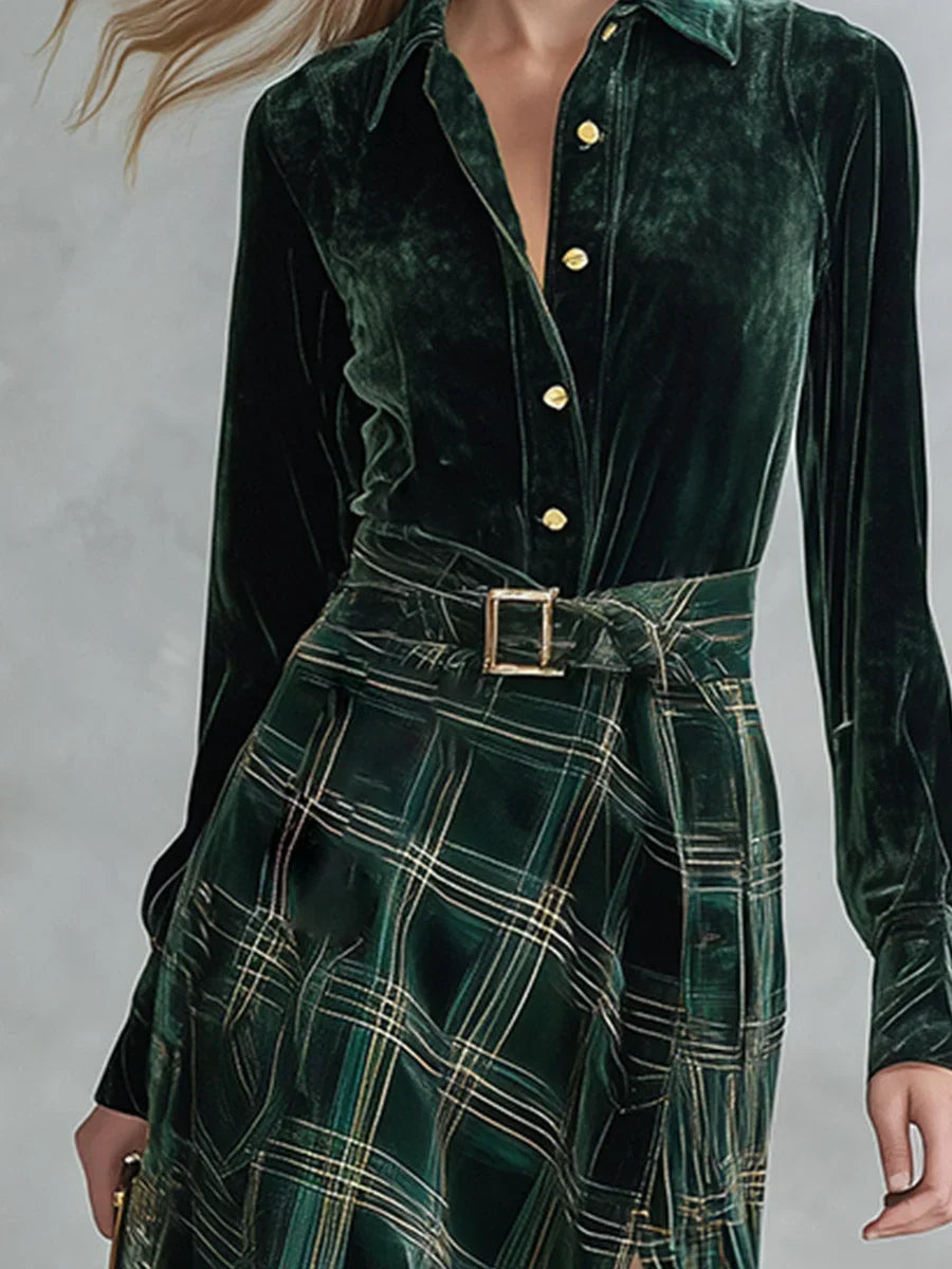Isa | Velvet Plaid Maxi Dress Set with Vintage Character for Women