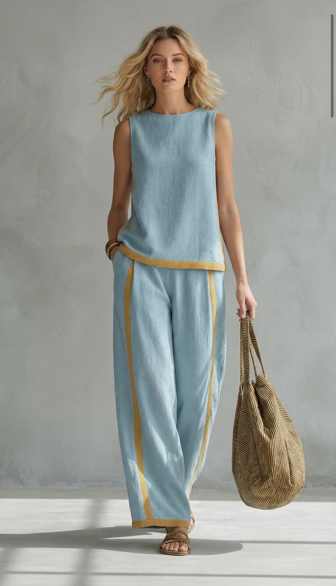Leila – Complete vest and trousers in two-tone grey cotton-linen