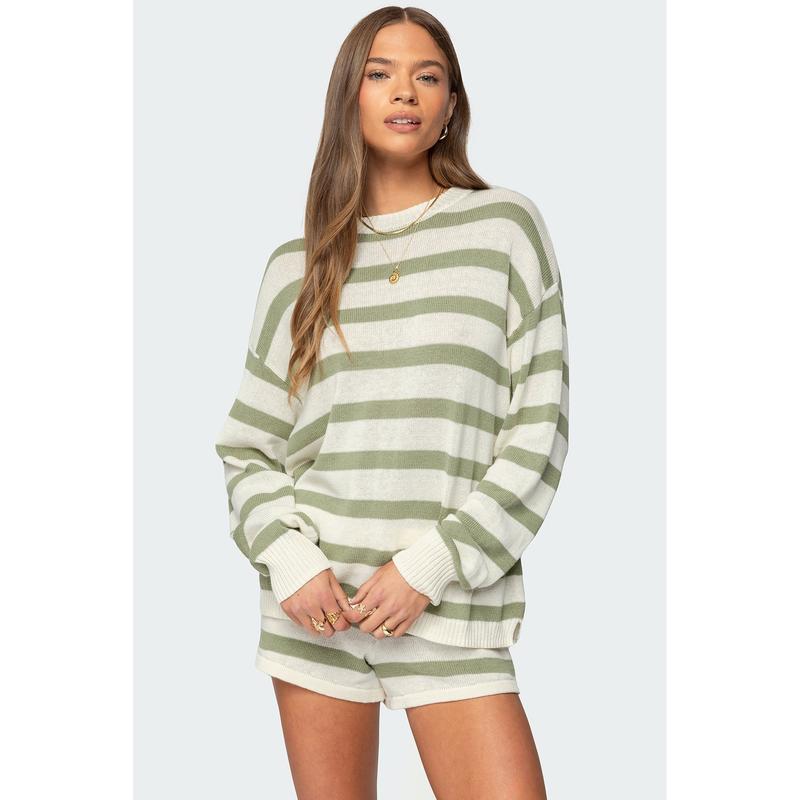Nina | Oversized Striped Knit Sweater and Lace Up Shorts Set for Women