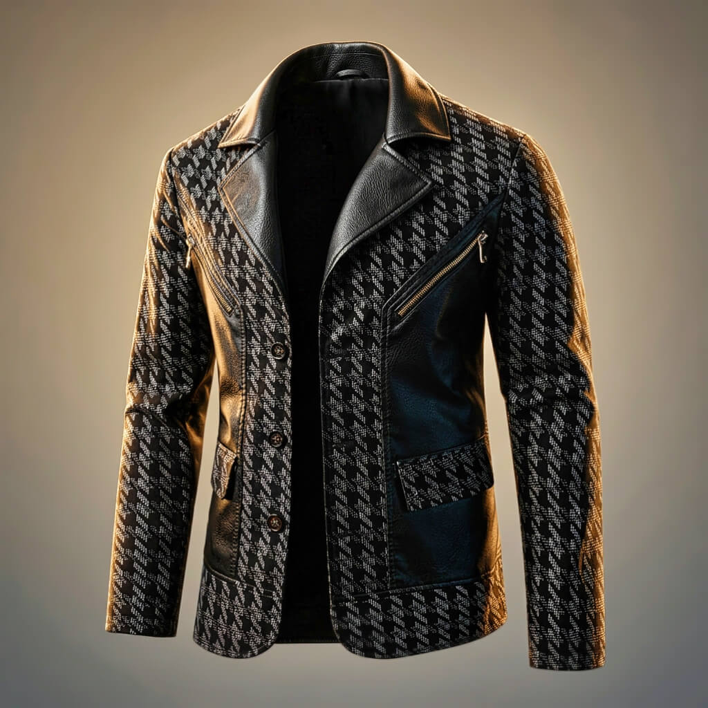 Giorgio | Leather and Houndstooth Blazer with Notch Lapels for Men