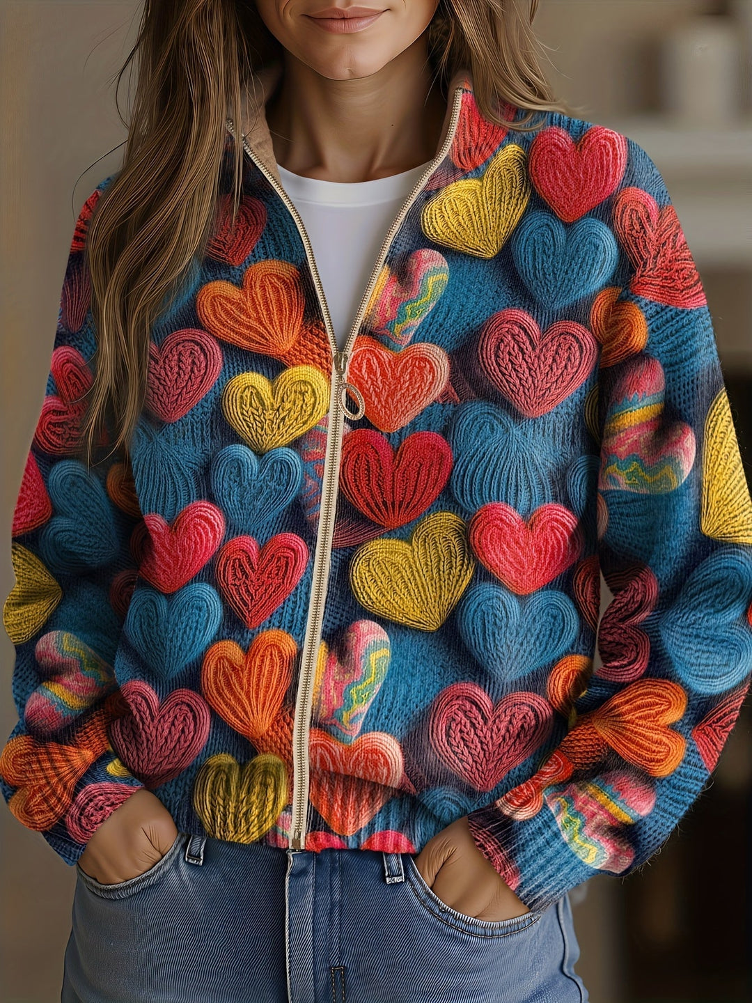 Valentine | Multicolor Heart Textured Knit Zip Cardigan