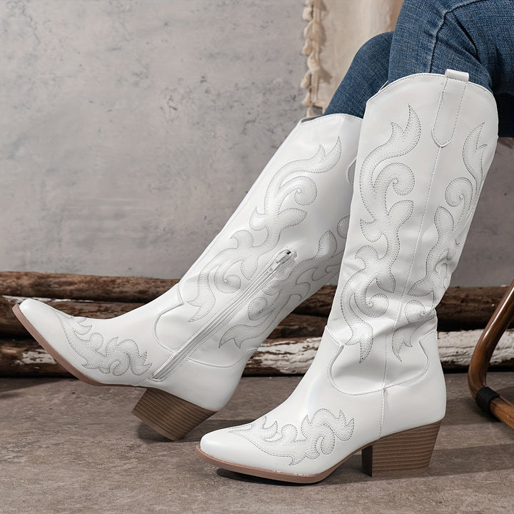 Merle | Embroidered Knee High Western Boots with Block Heel for Women
