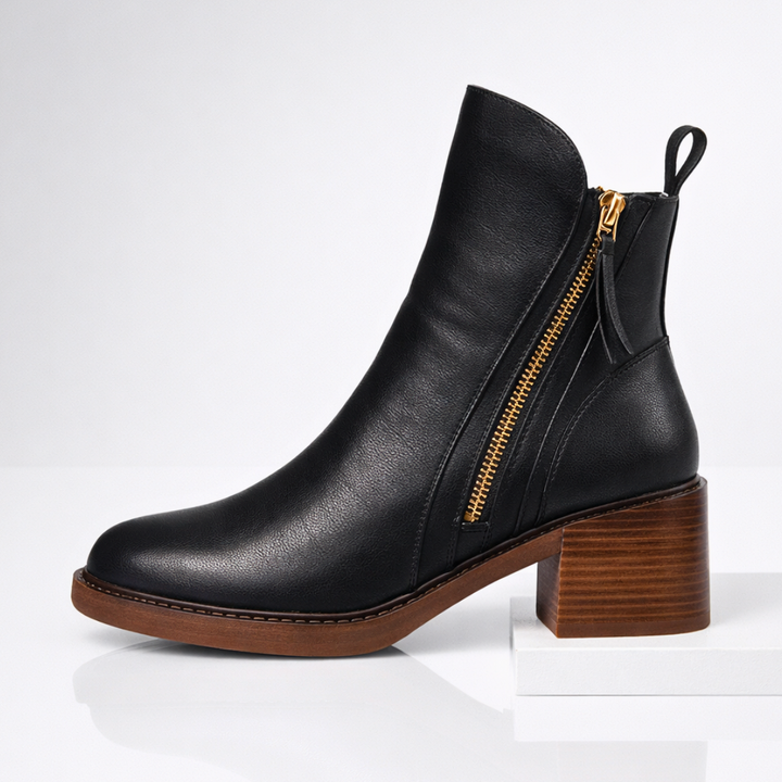Nola | Leather Ankle Boots with Stacked Heel and Cushioned Insole for Women