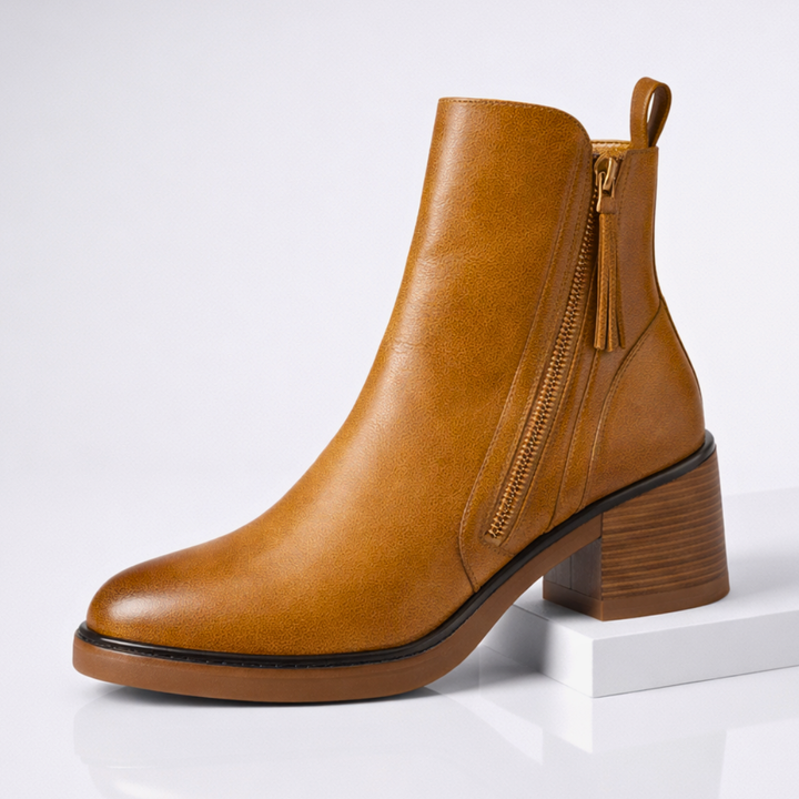 Nola | Leather Ankle Boots with Stacked Heel and Cushioned Insole for Women