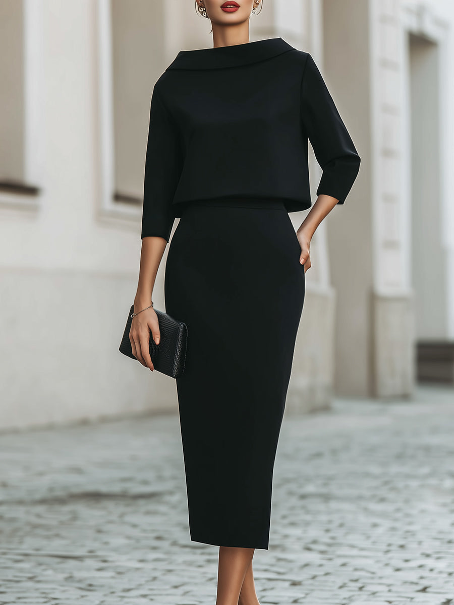 Sloane | Boat Neck Top and Midi Skirt Set with Structured Cut for Women