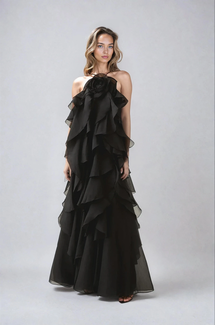 Nephele - Long Halter Ruffle Cocktail Dress