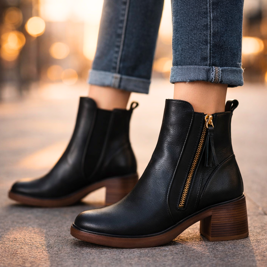Nola | Leather Ankle Boots with Stacked Heel and Cushioned Insole for Women