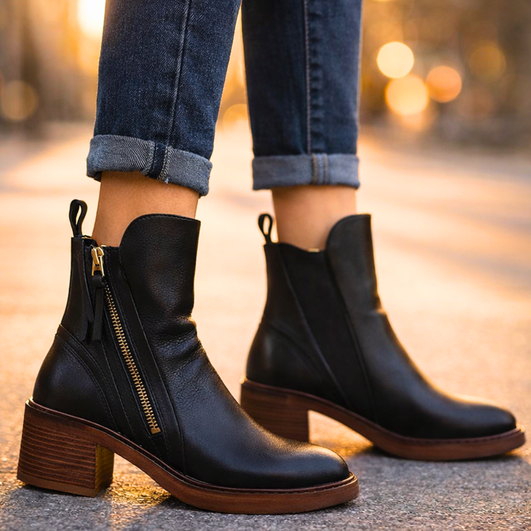 Nola | Leather Ankle Boots with Stacked Heel and Cushioned Insole for Women