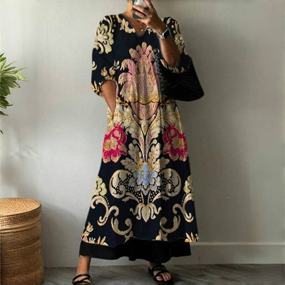 Gulia -【Long Sleeve】Vintage Ethnic Print Dress