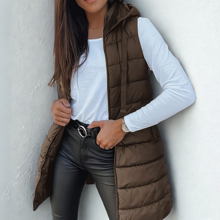 Eirwen | Hooded Long Puffer Vest with Lightweight Build for Women