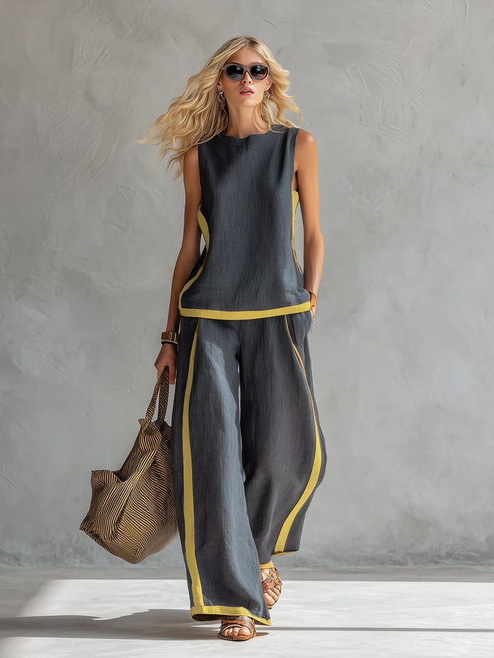 Leila – Complete vest and trousers in two-tone grey cotton-linen