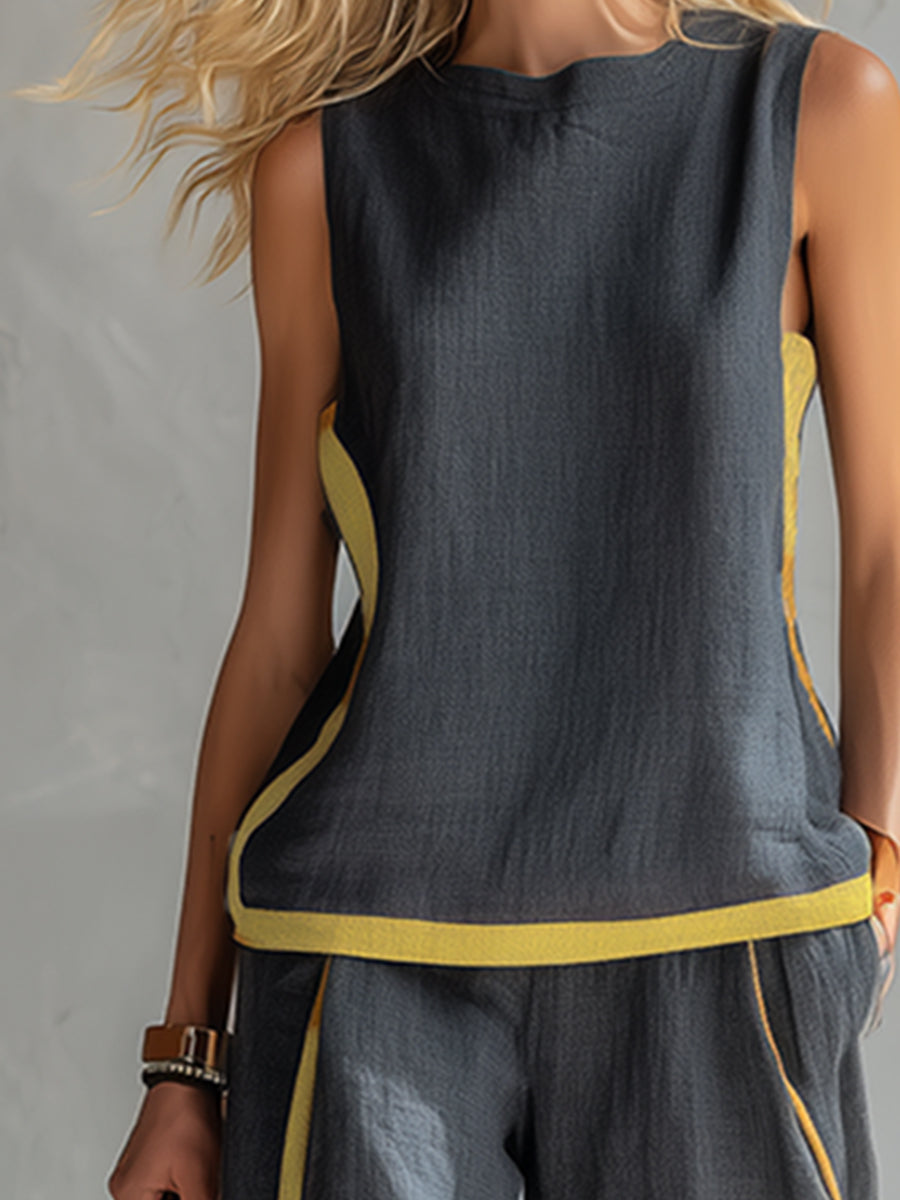 Leila – Complete vest and trousers in two-tone grey cotton-linen