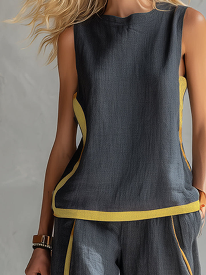 Leila – Complete vest and trousers in two-tone grey cotton-linen