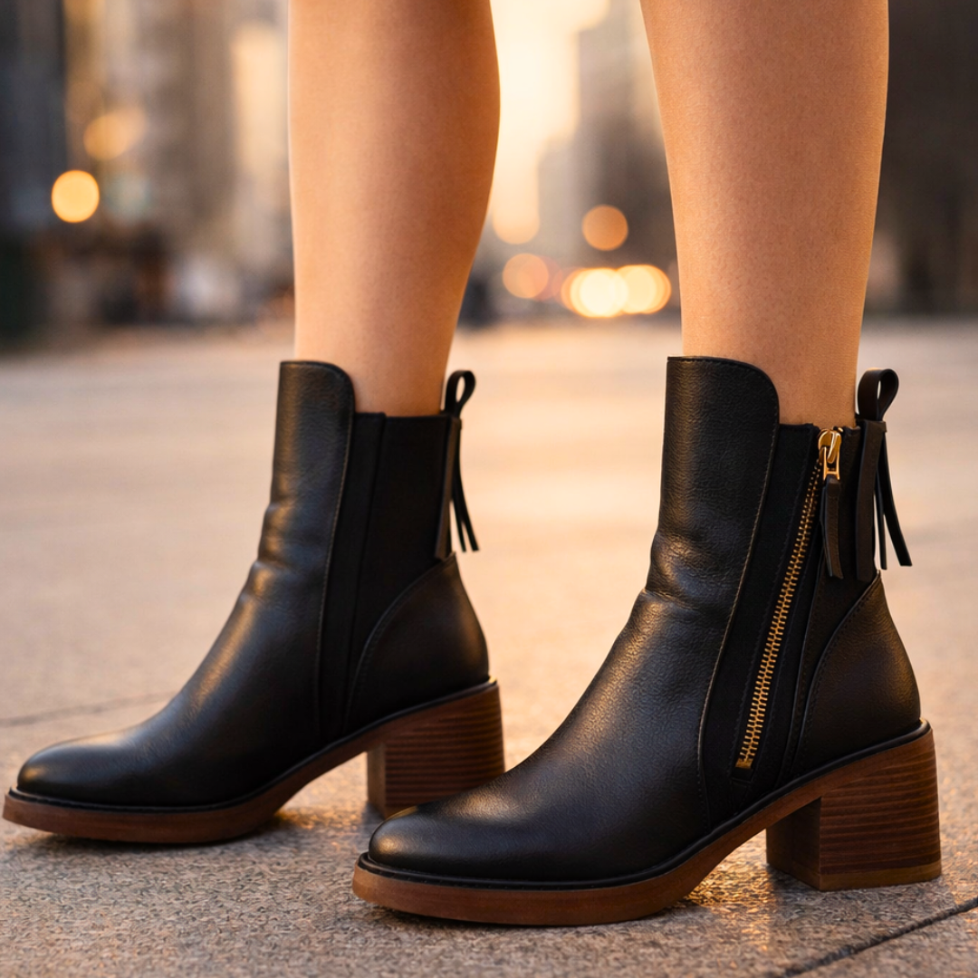 Nola | Leather Ankle Boots with Stacked Heel and Cushioned Insole for Women