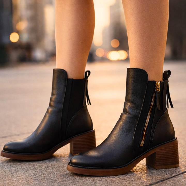 Nola | Leather Ankle Boots with Stacked Heel and Cushioned Insole for Women