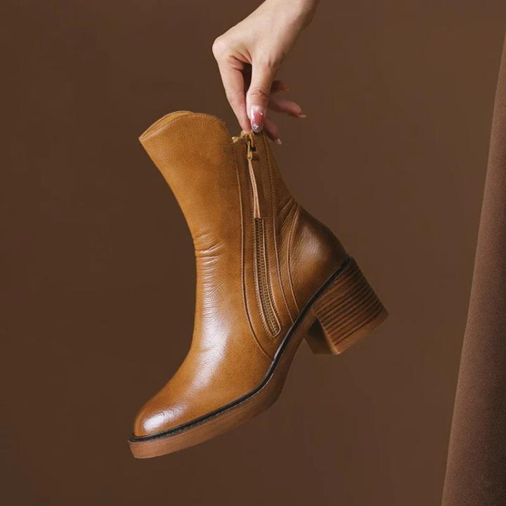 Nola | Leather Ankle Boots with Stacked Heel and Cushioned Insole for Women