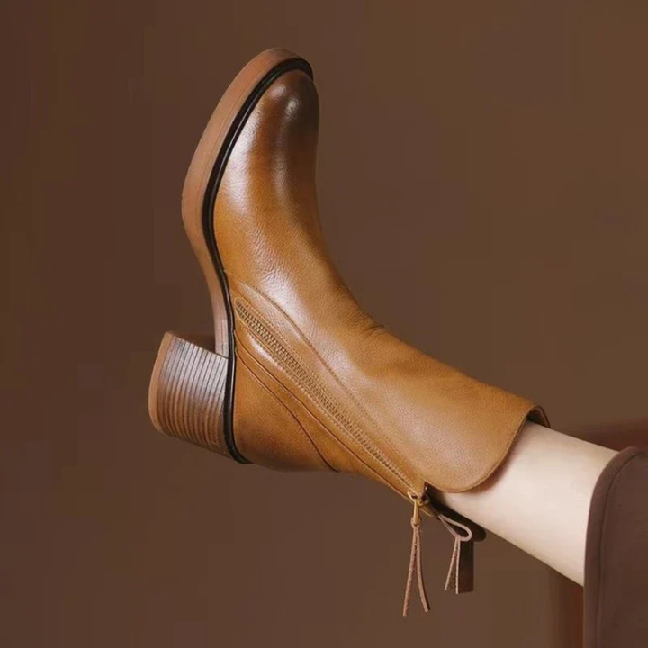 Nola | Leather Ankle Boots with Stacked Heel and Cushioned Insole for Women