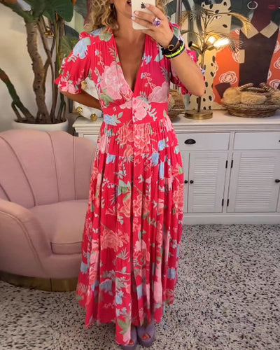 Reagan - V-Neck Short Sleeve Floral Maxi Dress