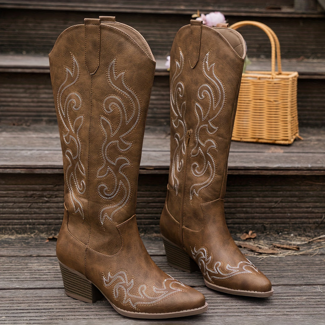 Merle | Embroidered Knee High Western Boots with Block Heel for Women