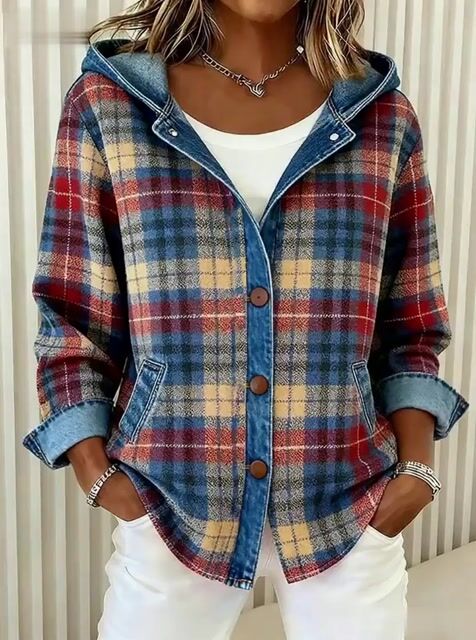 Nadrina | Hooded Denim Jacket with Check Panel Contrast for Women