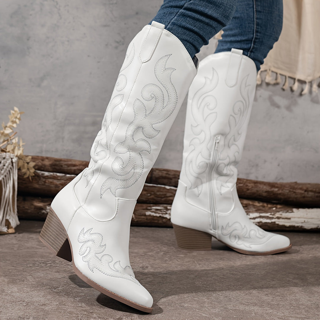 Merle | Embroidered Knee High Western Boots with Block Heel for Women