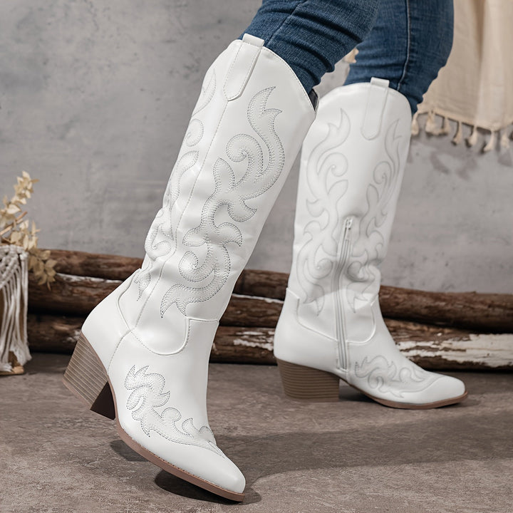 Merle | Embroidered Knee High Western Boots with Block Heel for Women