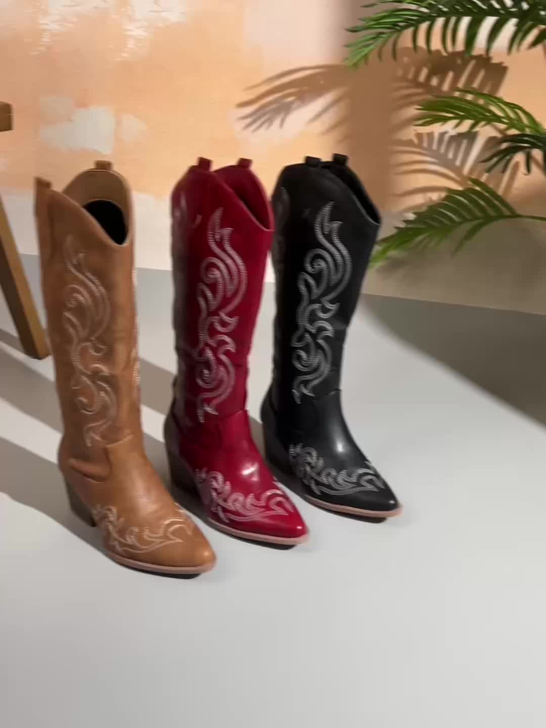Merle | Embroidered Knee High Western Boots with Block Heel for Women