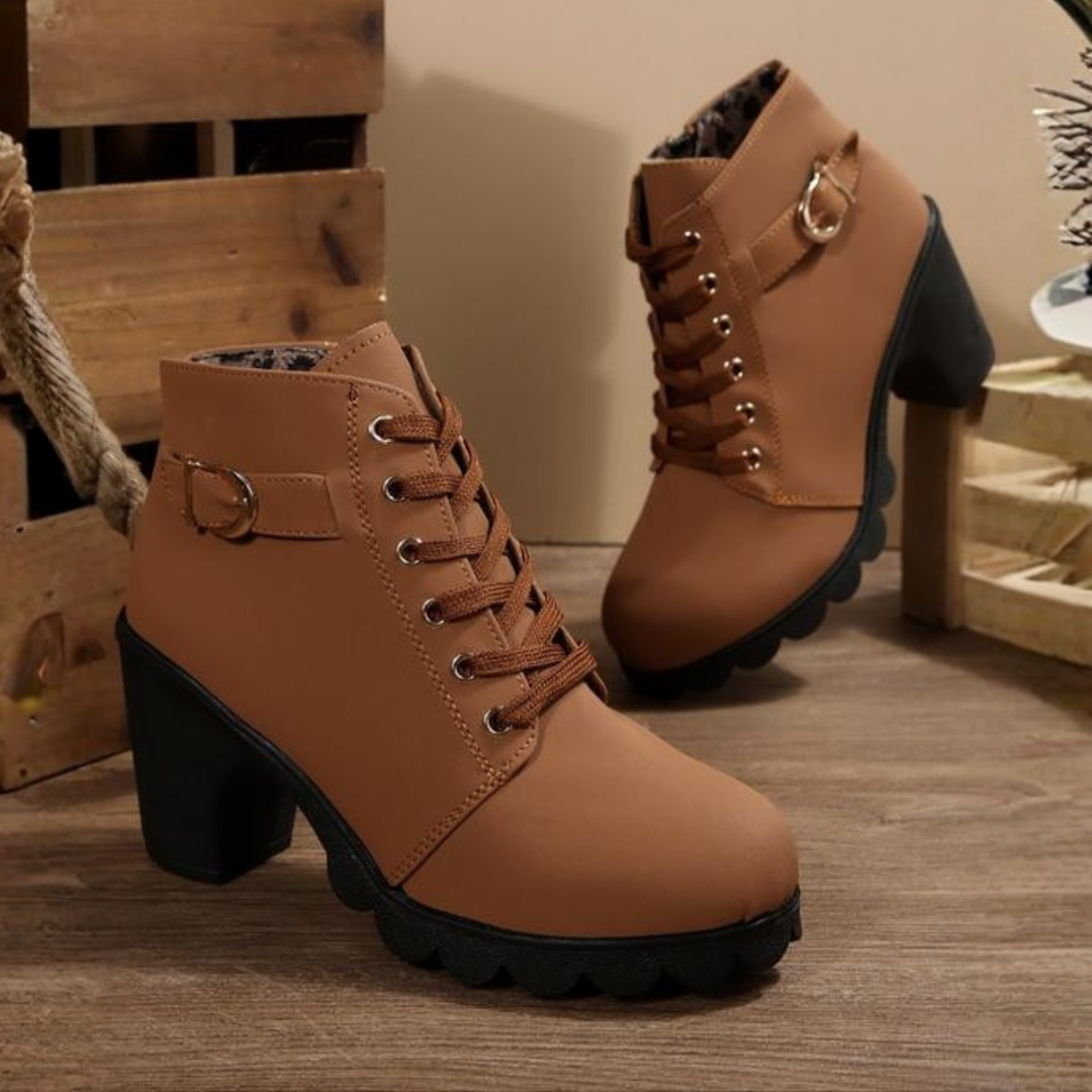 Karin | Lace Up Chunky Ankle Boots with Metal Buckle Trim for Women