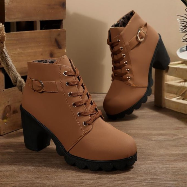 Karin | Lace Up Chunky Ankle Boots with Metal Buckle Trim for Women