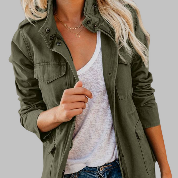 Rhoda | Military Inspired Jacket with Zip and Button Front for Women