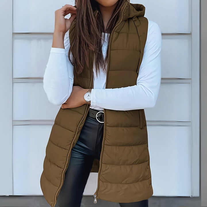 Eirwen | Hooded Long Puffer Vest with Lightweight Build for Women