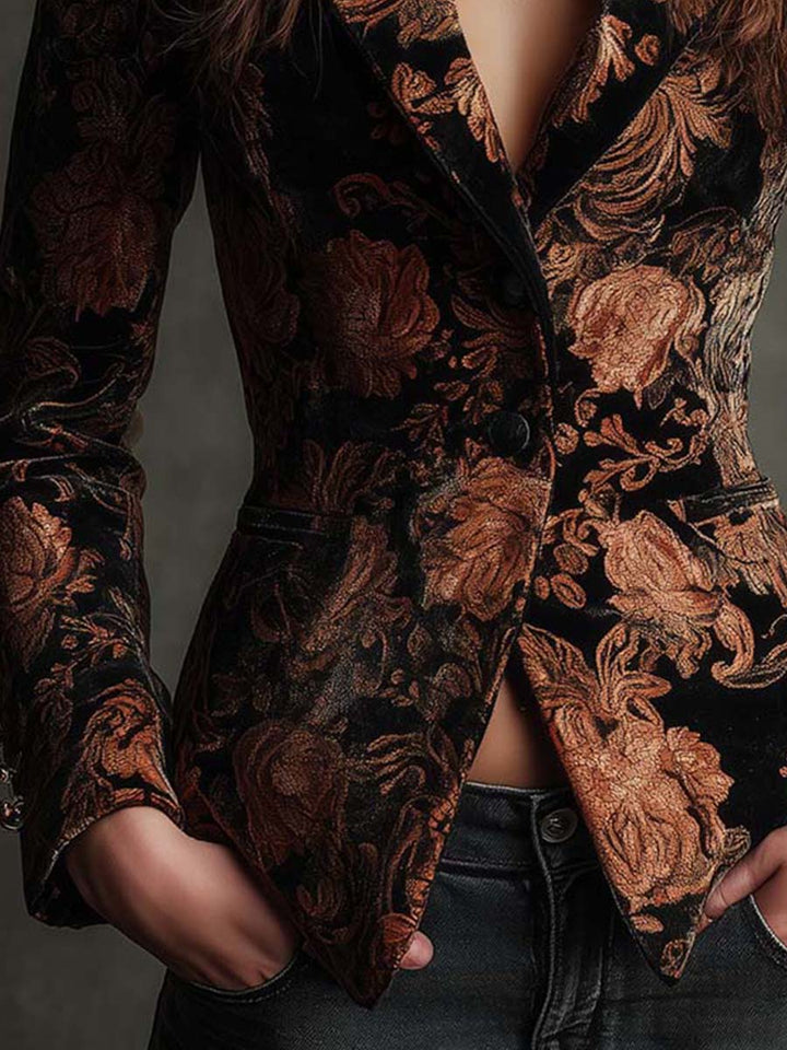 Bronwen | Black and Bronze Floral Print Tailored Blazer