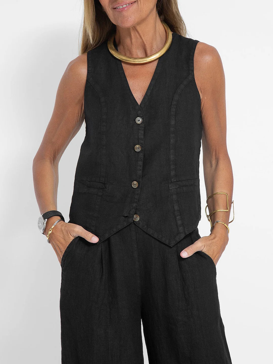 Aira - Buttoned Vest &amp; Wide-Leg Trousers Set