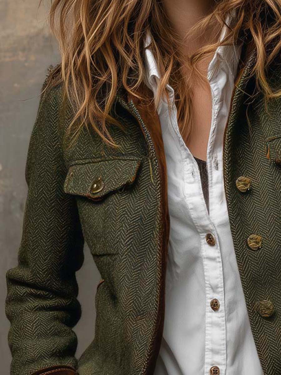 Maribel | Vintage Herringbone Contrast Trim Blazer