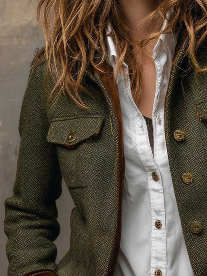 Maribel | Vintage Herringbone Contrast Trim Blazer