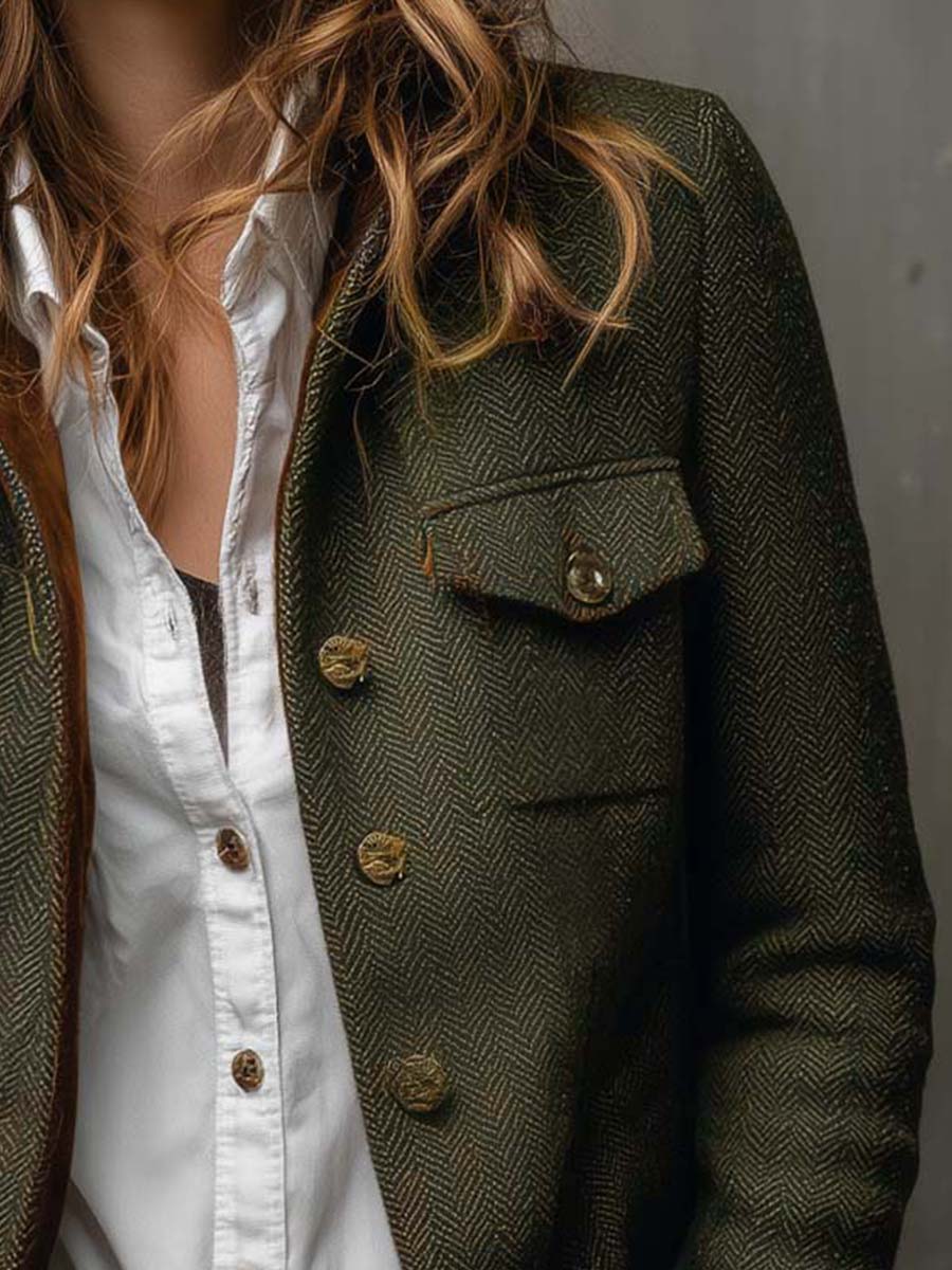 Maribel | Vintage Herringbone Contrast Trim Blazer
