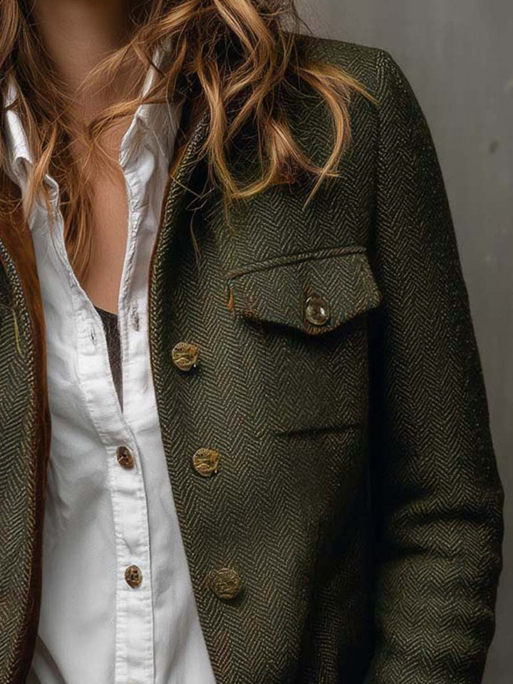 Maribel | Vintage Herringbone Contrast Trim Blazer