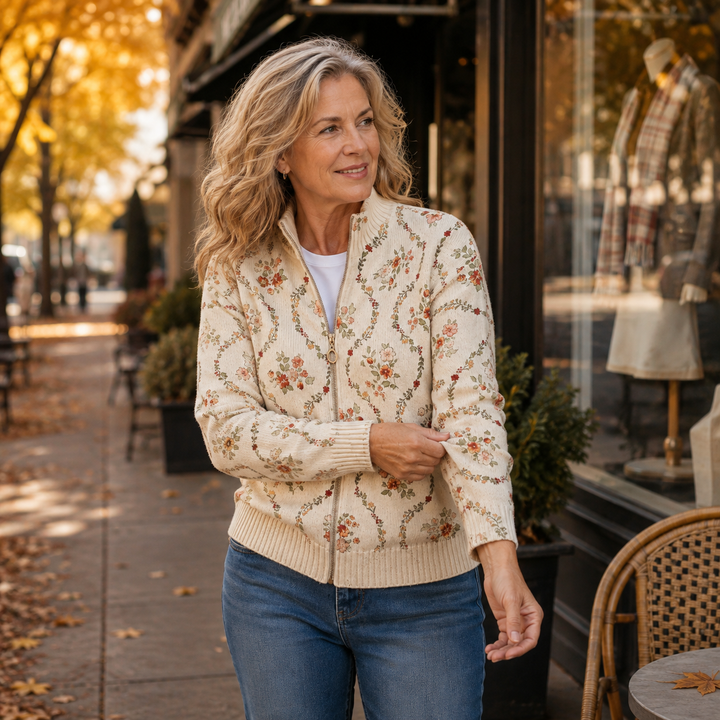 Persephone | Delicate Floral Vine Cream Print Cardigan