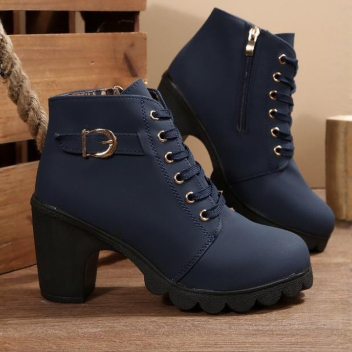 Karin | Lace Up Chunky Ankle Boots with Metal Buckle Trim for Women