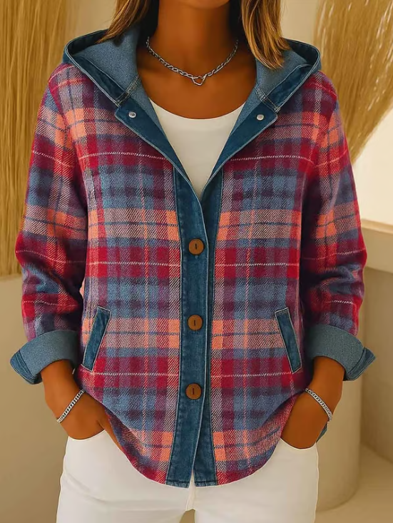 Nadrina | Hooded Denim Jacket with Check Panel Contrast for Women