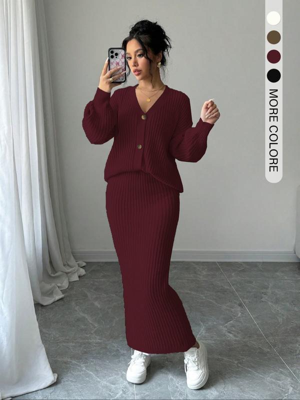 Lea | Button Front Knit Sweater and Long Skirt Set for Women