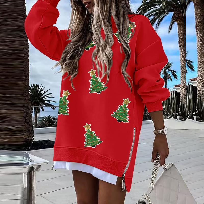 Julia | Christmas Tree Pattern Pullover with Zipper Slit Detail for Women