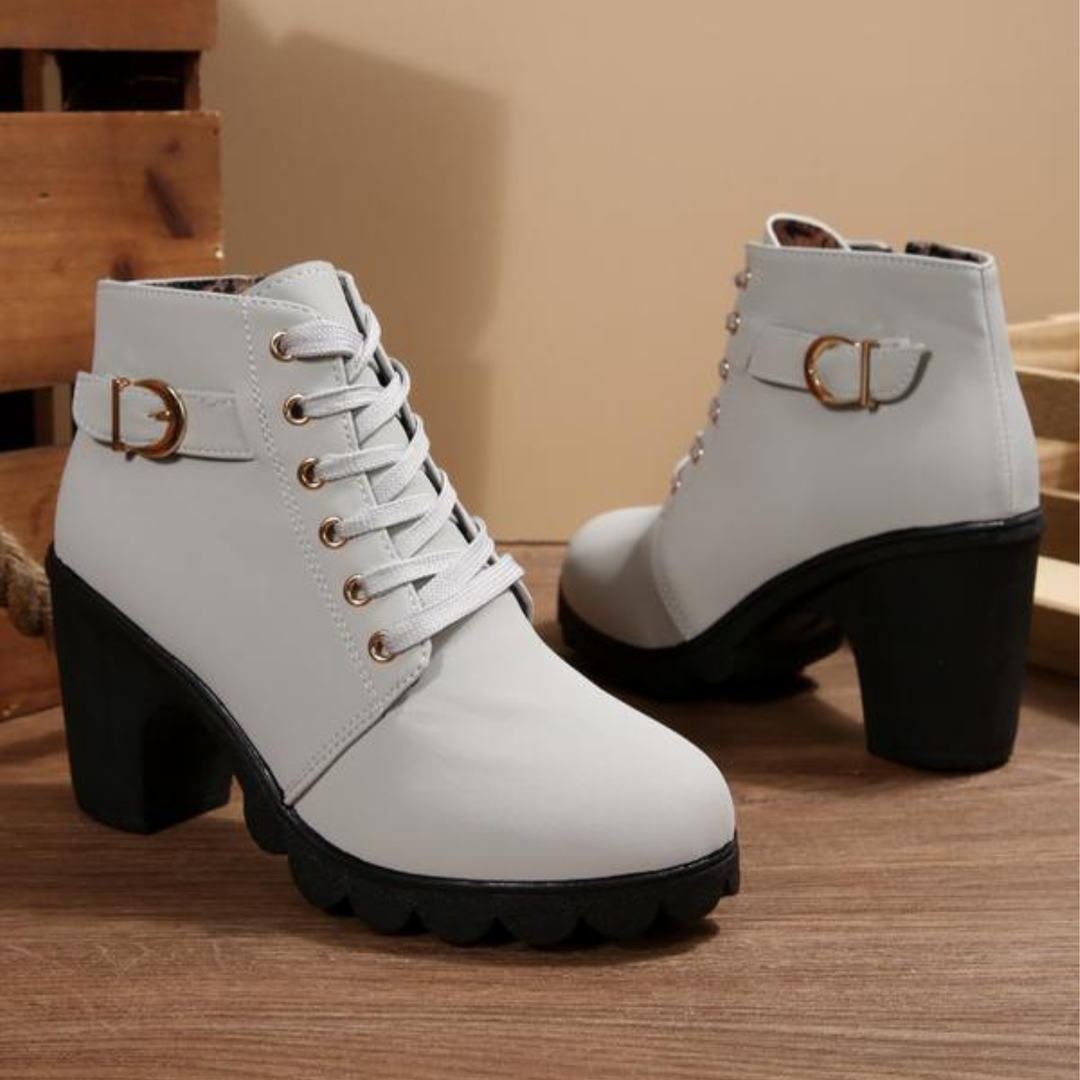 Karin | Lace Up Chunky Ankle Boots with Metal Buckle Trim for Women
